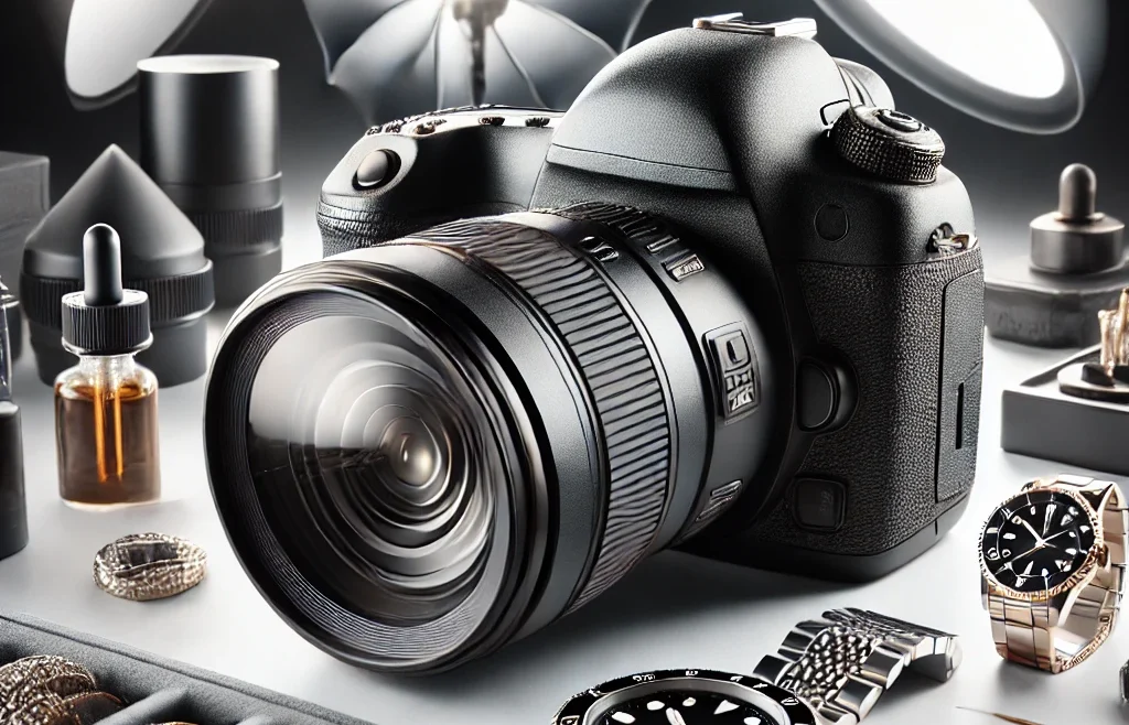A high-quality macro photography setup featuring a DSLR camera with a macro lens, a well-lit product (like a luxury watch or jewelry) on a white background