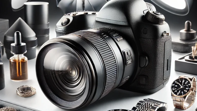 A high-quality macro photography setup featuring a DSLR camera with a macro lens, a well-lit product (like a luxury watch or jewelry) on a white background