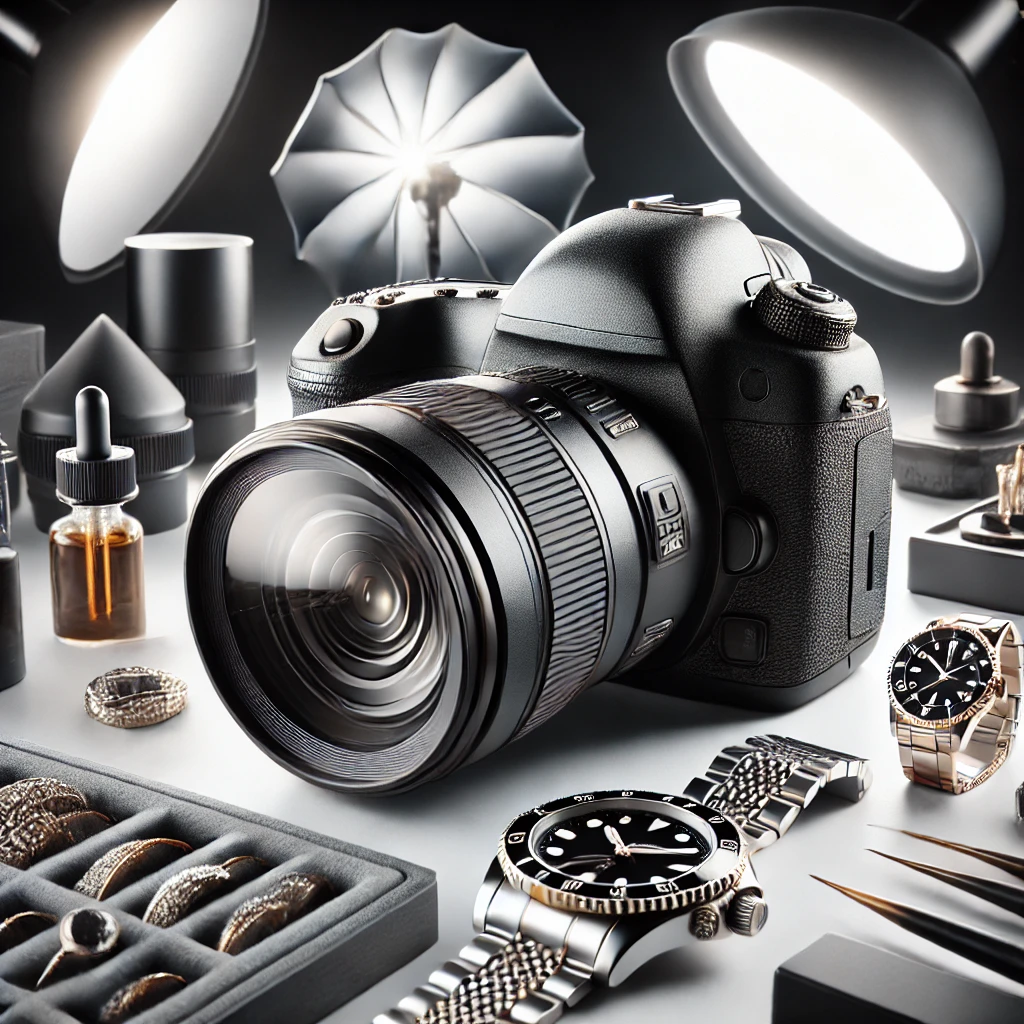 A high-quality macro photography setup featuring a DSLR camera with a macro lens, a well-lit product (like a luxury watch or jewelry) on a white background