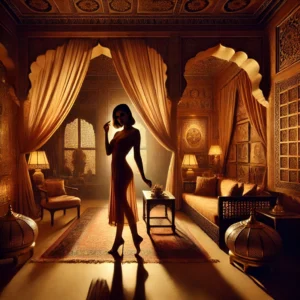 A luxurious and artistic boudoir photography scene set in Jaipur, India. The image features a beautifully decorated studio with warm and golden lighting.
