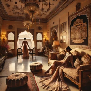 A luxurious boudoir photography scene set in Jaipur, India. A beautifully decorated room with soft lighting, intricate Rajasthani decor, and an elegant.