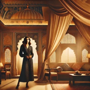 A luxurious boudoir photography scene set in Jaipur, India. A confident woman in elegant, artistic lighting poses in a beautifully decorated setting.
