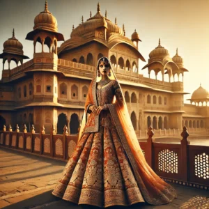 A majestic royal portrait photography setup in Jaipur. The scene features an elegantly dressed model in traditional Rajasthani attire, standing in front of Amber fort.