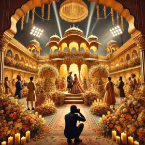 A majestic wedding photography scene set in Jaipur, India. The image captures a royal Indian wedding with a beautifully decorated palace in the background.