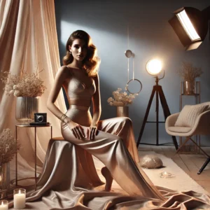 A modern and elegant boudoir photography setup featuring a confident model posing in a softly lit studio.