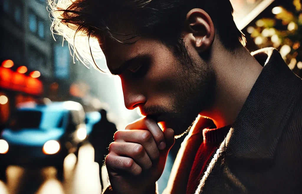 A powerful street photography scene capturing raw emotions. The image features a candid moment of a person deep in thought, with expressive lighting.