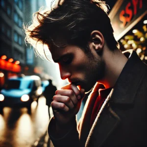A powerful street photography scene capturing raw emotions. The image features a candid moment of a person deep in thought, with expressive lighting.