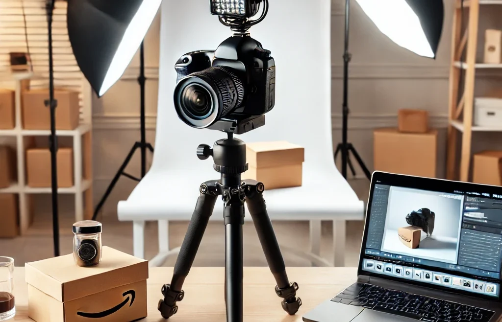 A professional Amazon product photography setup. A well-lit studio with a white backdrop, a high-resolution camera on a tripod, softbox lighting