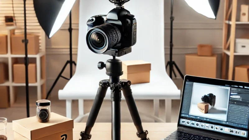A professional Amazon product photography setup. A well-lit studio with a white backdrop, a high-resolution camera on a tripod, softbox lighting