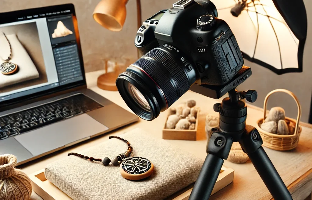 A professional Etsy product photography setup. A well-lit workspace featuring a handmade craft item (e.g., jewelry, pottery, or textile) placed.