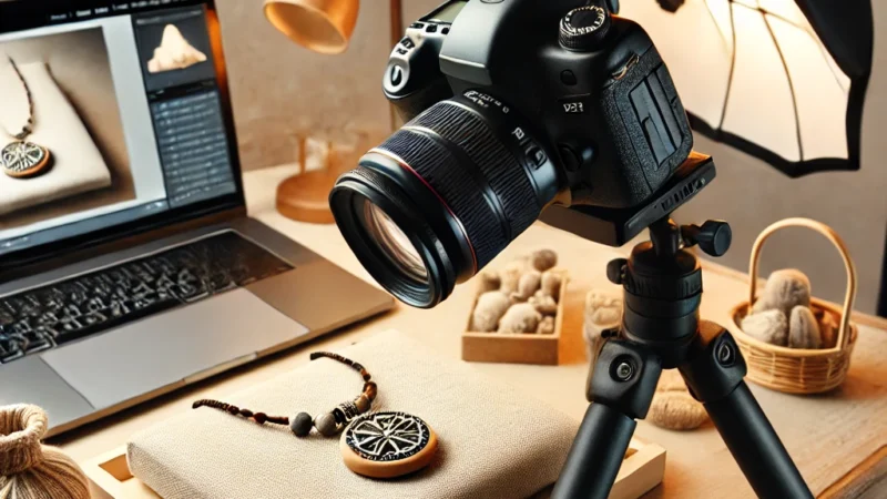 A professional Etsy product photography setup. A well-lit workspace featuring a handmade craft item (e.g., jewelry, pottery, or textile) placed.
