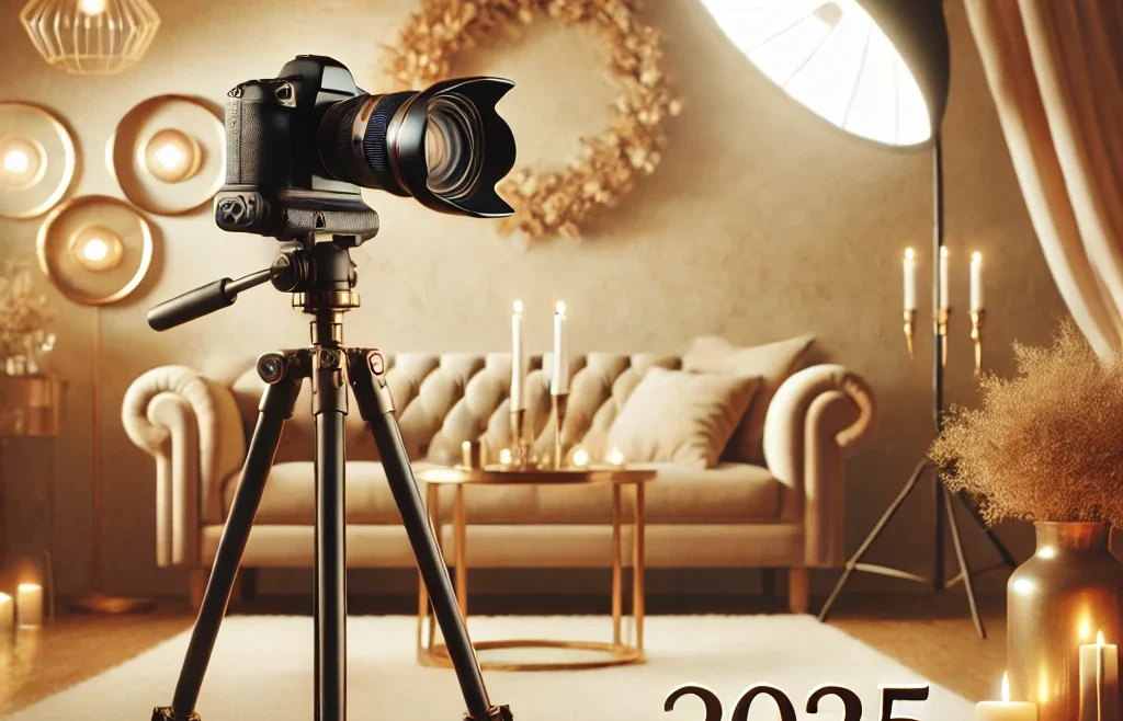 A professional and stylish setup for an intimate photography business in 2025. The image features a modern photography studio with elegant lighting.
