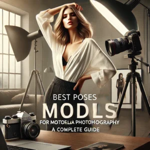 A professional and visually appealing thumbnail for a blog article titled 'Best Poses for Model Portfolio Photography_ A Complete Guide'.