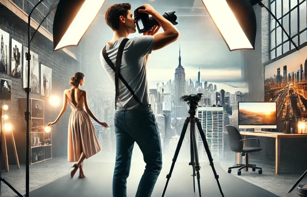A professional and visually engaging thumbnail for a blog article titled 'Best Backgrounds & Locations for Professional Portfolio Photography'.