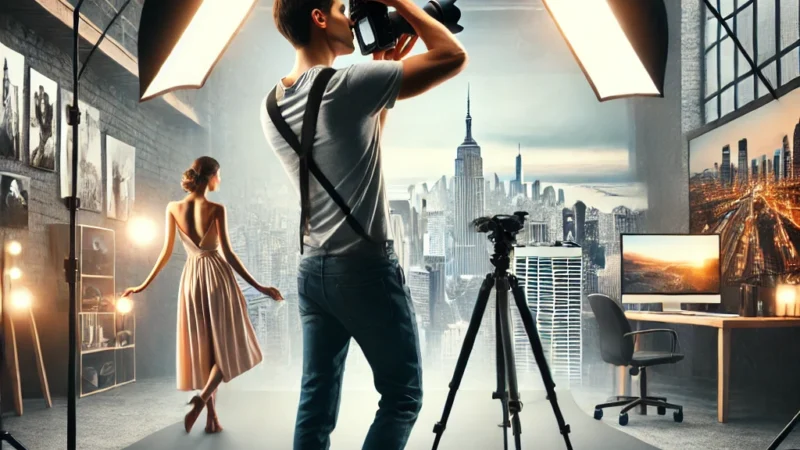 A professional and visually engaging thumbnail for a blog article titled 'Best Backgrounds & Locations for Professional Portfolio Photography'.
