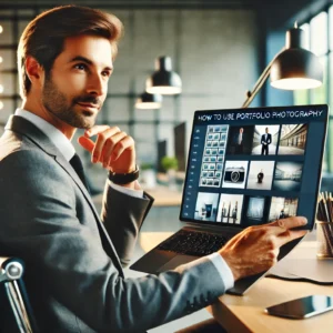 A professional and visually engaging thumbnail for a blog article titled 'How to Use Portfolio Photography to Boost Your Career'.