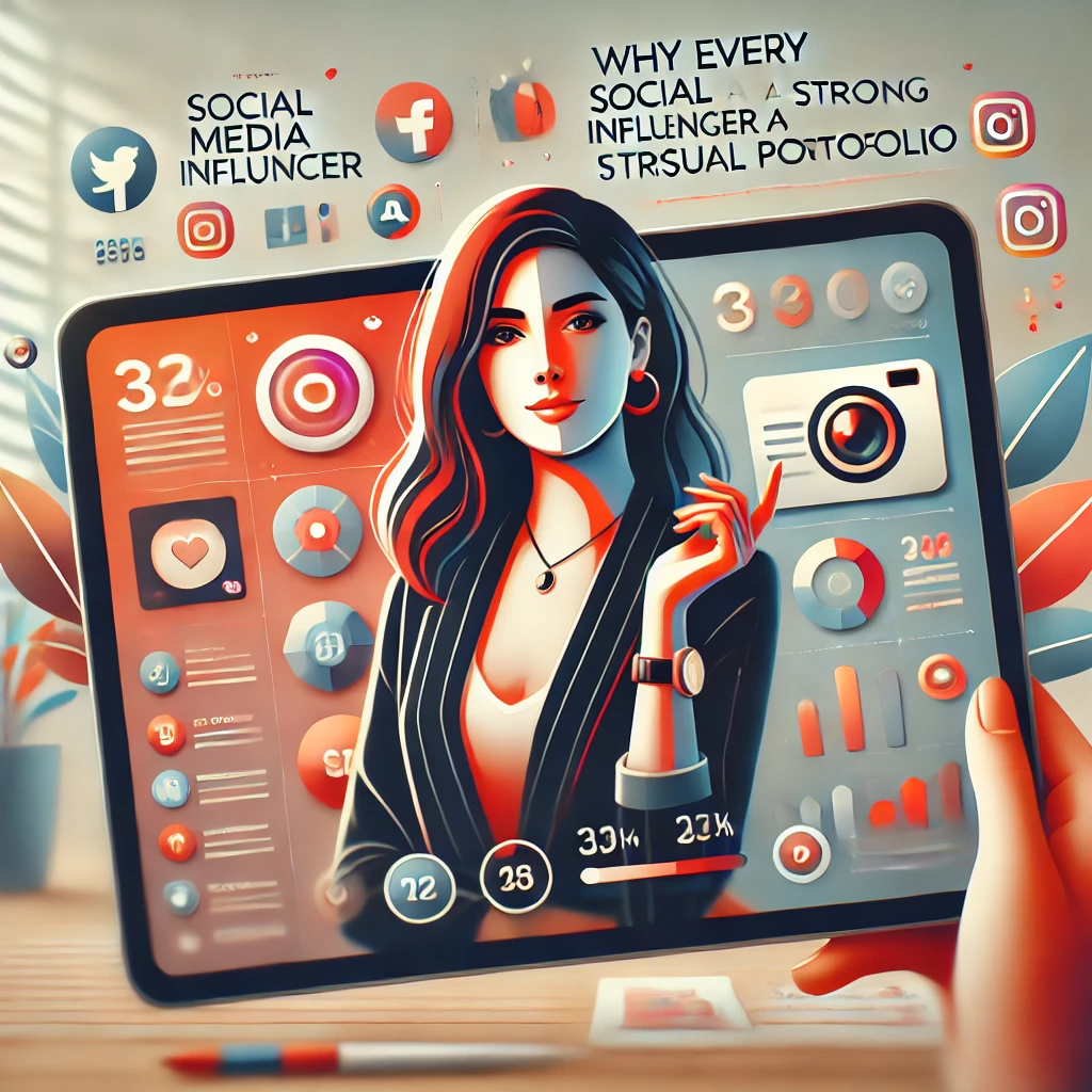 A professional and visually engaging thumbnail for a blog article titled 'Why Every Social Media Influencer Needs a Strong Visual Portfolio'.
