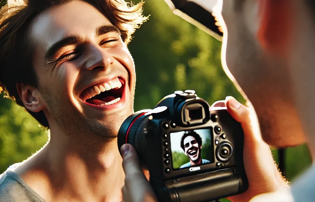 A professional candid photography setup capturing deep emotions in a natural setting. The image features a skilled photographer using a DSLR camera.