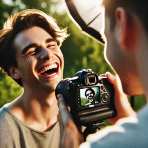 A professional candid photography setup capturing deep emotions in a natural setting. The image features a skilled photographer using a DSLR camera.