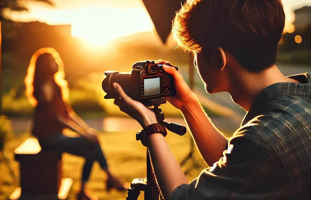 A professional candid photography setup in an outdoor environment, emphasizing the use of natural light. The scene captures a photographer taking a candid picture in natural light.