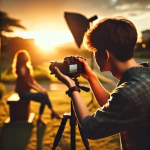 A professional candid photography setup in an outdoor environment, emphasizing the use of natural light. The scene captures a photographer taking a candid picture in natural light.