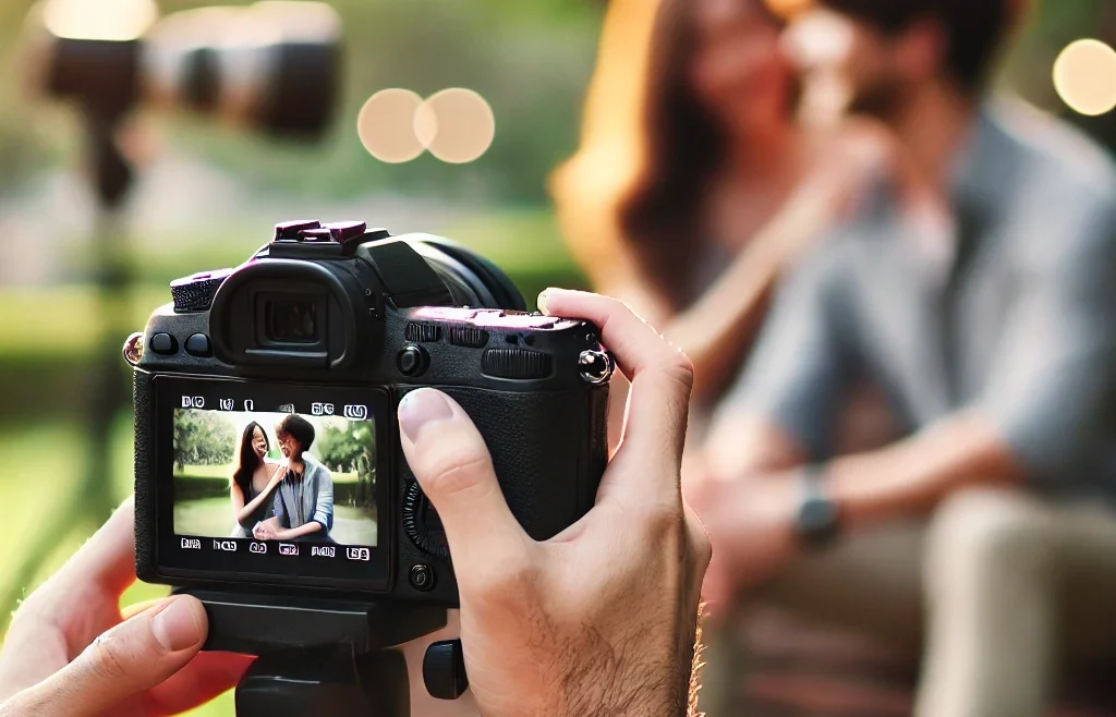 A professional candid photography setup in an outdoor environment. A photographer capturing natural, unscripted moments of people in a park setting with couple