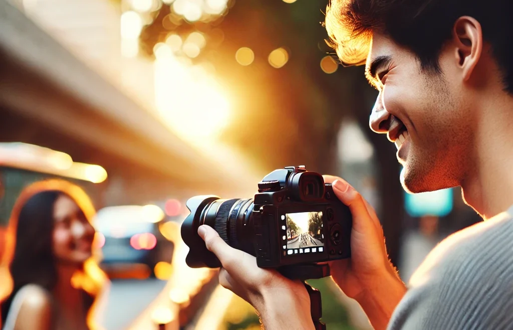A professional candid photography setup in an outdoor setting. A photographer captures a natural moment of a person smiling under soft golden-hour light.