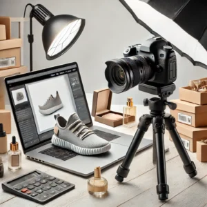 A professional ecommerce product photography setup featuring a DSLR camera on a tripod, softbox lighting, and a white backdrop.