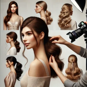A professional fashion photography shoot featuring a model with various hairstyles suitable for portfolio photography. The setup includes studio light.