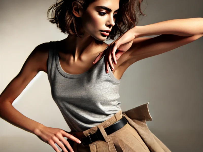 A professional fashion portfolio photoshoot featuring a model showcasing expressive and dynamic poses. The model's body language and facial expression.