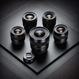 A professional flat lay composition showcasing five different high-end camera lenses arranged on a sleek black background.