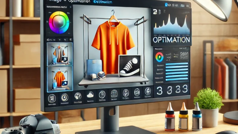 A professional image optimization setup for online marketplaces. The scene includes a computer screen displaying an image editing software with optimization.