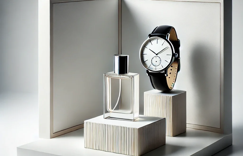 A professional minimalist product photography setup featuring a clean white background, soft lighting, and a single high-end product.