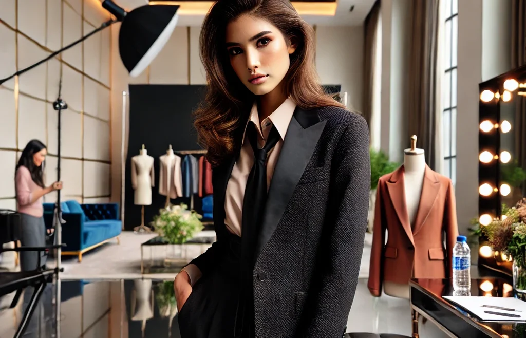 A professional model posing in a high-fashion outfit for a model portfolio photoshoot. The setting is a well-lit studio with elegant backdrops, capturing confident model in pose.