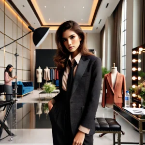 A professional model posing in a high-fashion outfit for a model portfolio photoshoot. The setting is a well-lit studio with elegant backdrops, capturing confident model in pose.