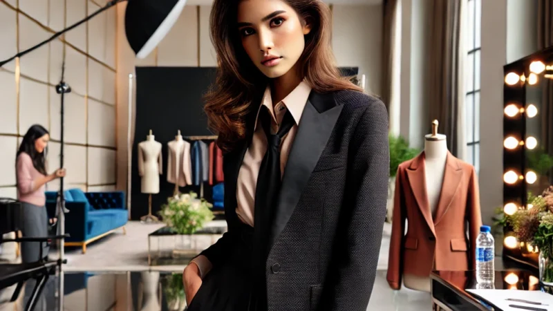 A professional model posing in a high-fashion outfit for a model portfolio photoshoot. The setting is a well-lit studio with elegant backdrops, capturing confident model in pose.