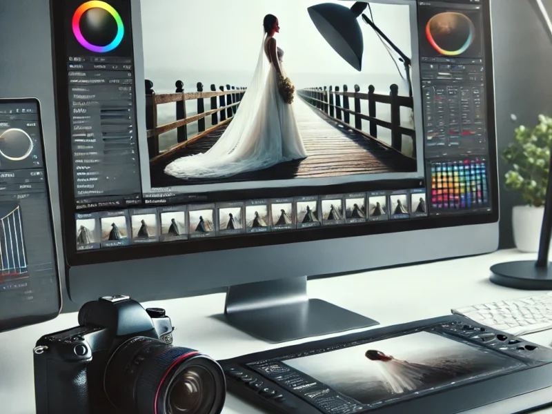 A professional photo editing workspace with a high-resolution monitor displaying a portfolio image being edited. The setup includes a DSLR camera on tripod.