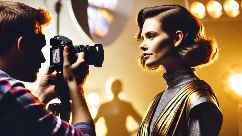 A professional photographer capturing a bold and confident female model in a striking pose. The setting is a well-lit studio with dramatic lighting.