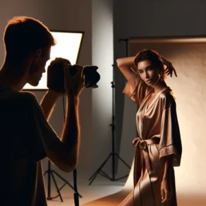 A professional photographer capturing a bold and sensual photoshoot with a confident female model. The setting is a softly lit studio with warm tones.