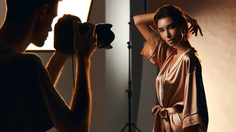 A professional photographer capturing a bold and sensual photoshoot with a confident female model. The setting is a softly lit studio with warm tones.