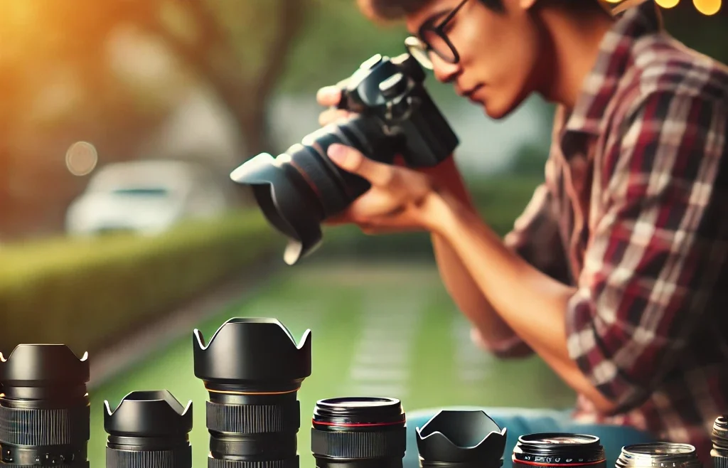A professional photographer capturing a candid moment using different camera lenses. The scene is outdoors with natural lighting, showcasing a variety.
