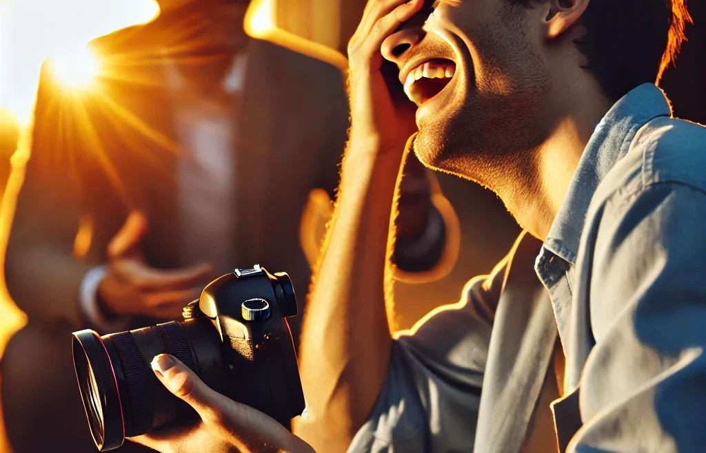 A professional photographer capturing an emotional, candid moment in natural light. The scene features a warm sunset glow, highlighting a person laugh.
