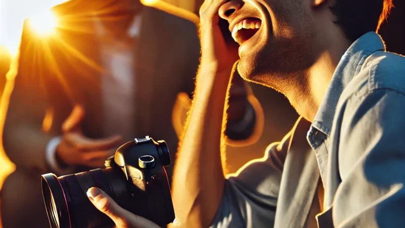 A professional photographer capturing an emotional, candid moment in natural light. The scene features a warm sunset glow, highlighting a person laugh.