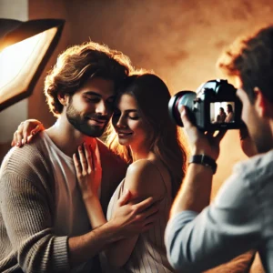 A professional photographer capturing an intimate candid couple photoshoot in a warm and cozy setting. The couple looks relaxed and natural, sharing a Candid Intimate moment.