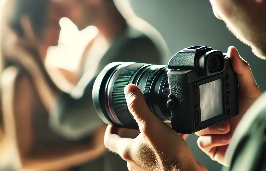 A professional photographer capturing an intimate candid moment with a high-quality camera lens. The scene is softly lit with natural lighting.