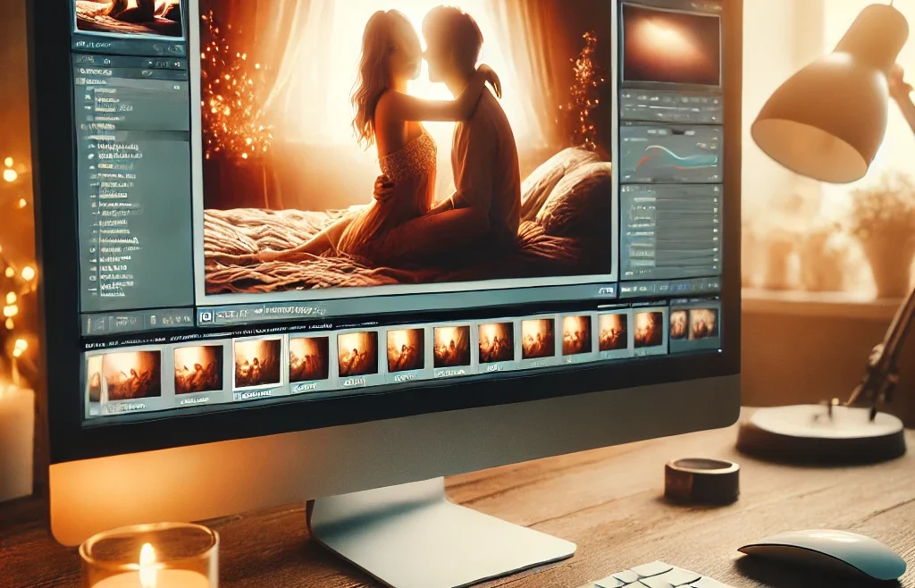 A professional photographer editing candid intimate photos on a computer screen. The image shows a warm and cozy workspace with soft lighting, a high-contrast image.