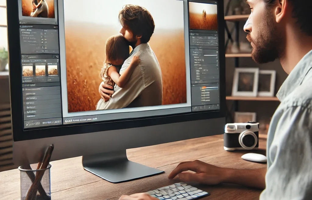 A professional photographer editing candid photos on a high-resolution monitor. The screen displays an image of a natural, emotional moment being enhanced.