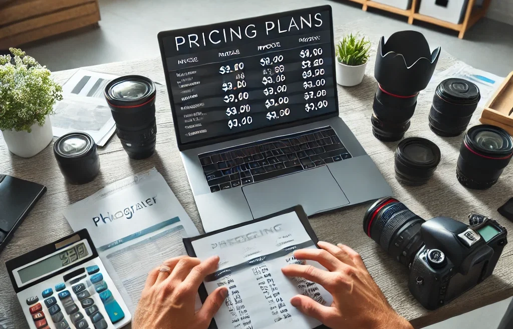 A professional photographer with photography services reviewing pricing plans on a laptop, surrounded by camera gear, invoices, and a calculator, in a modern studio setting.