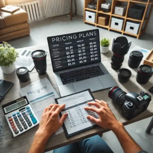 A professional photographer with photography services reviewing pricing plans on a laptop, surrounded by camera gear, invoices, and a calculator, in a modern studio setting.