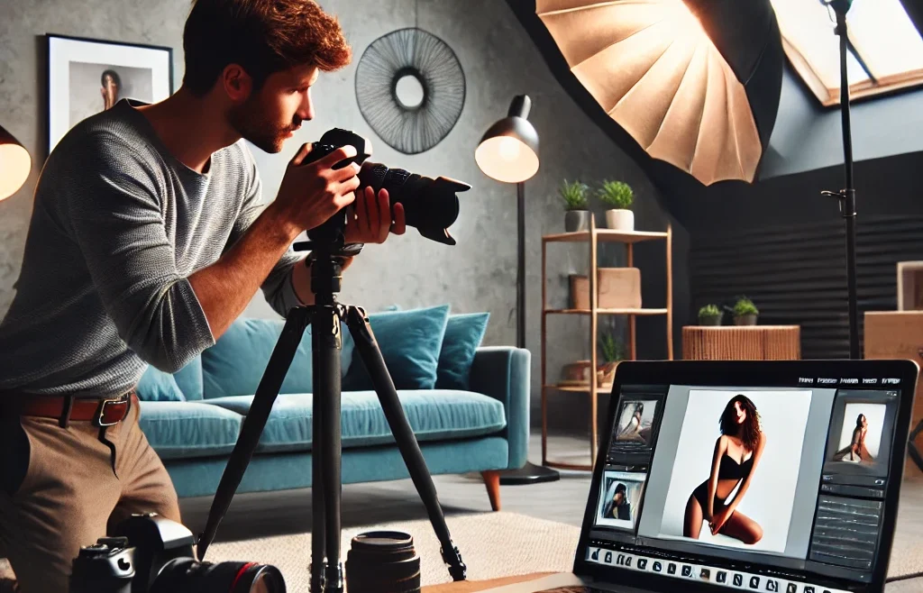 A professional photographer setting up a photoshoot in a stylish studio, featuring a camera on a tripod, softbox lighting, and a laptop displaying editing tools and pictures.